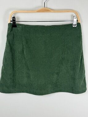 Green Corduroy Mini Skirt High Waisted A-Line Built-In Shorts Hidden Zip Medium